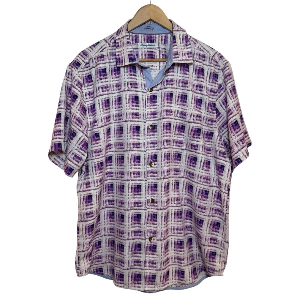 Tommy Bahama Men's Large Silk Coolmax Blend Purple Print Button Up Camp Shirt